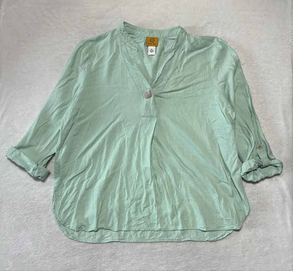 Ruby Rd. Blouse Womens XL Green V-Neck 3/4 Roll Tab Sleeve Tunic Top Linen